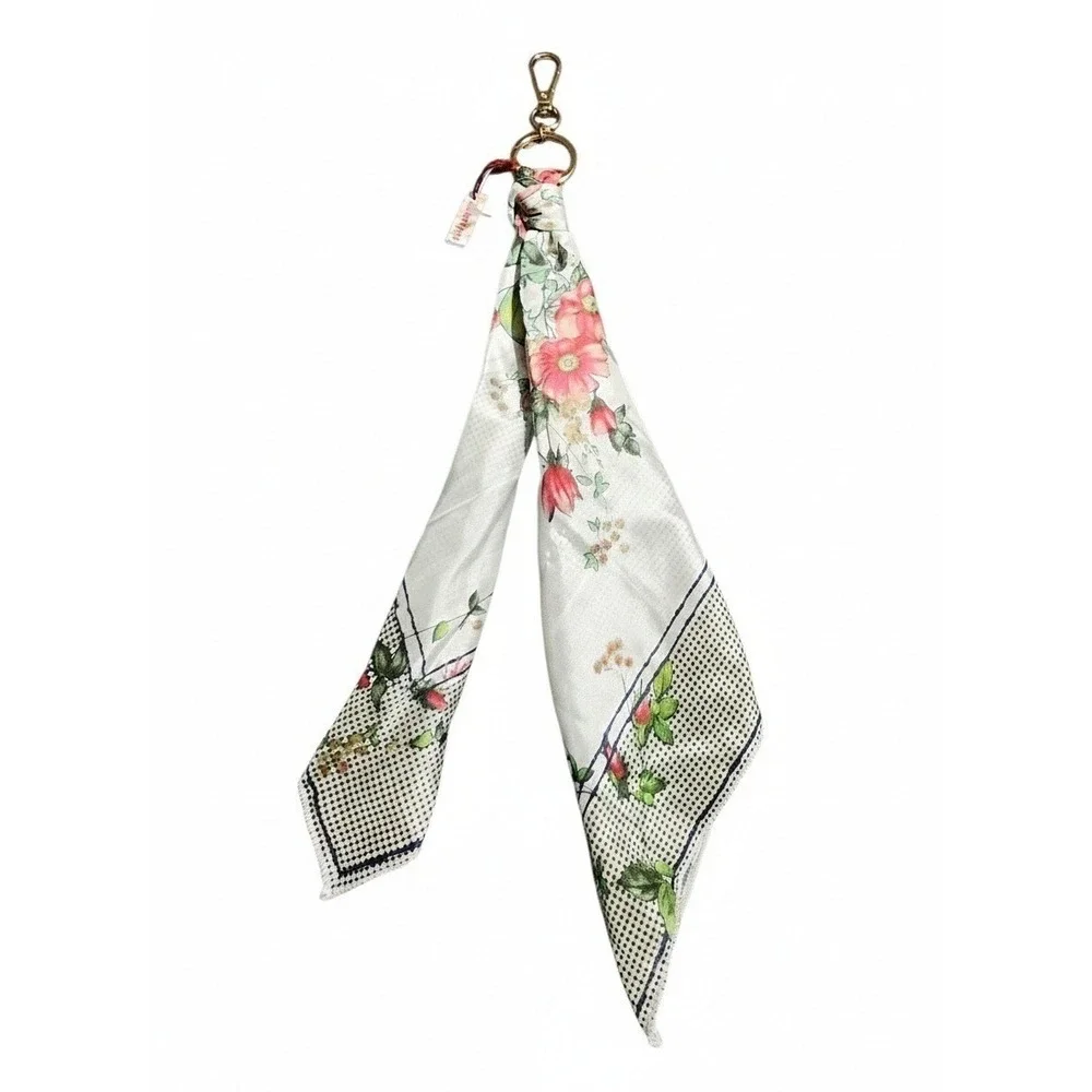 Johnny Was Zoila Silk Scarf Keychain Bag Charm NWT Floral Cream Polka‎ Dot